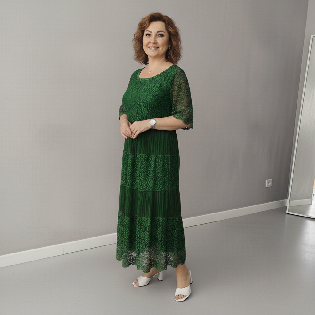 Whitemore & Daughters - Berlinda Midi Dress: Round-Neck Lace Dress with Tiered Skirt
