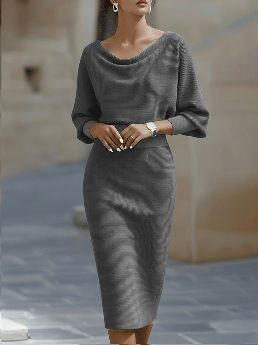Whitemore & Daughters - Midi Dress: Draped Boat-Neck Dress with Batwing Sleeves