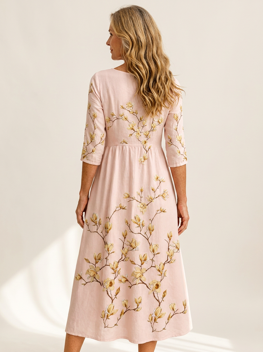 Golden Magnolia Bloom Pocket Midi Dress