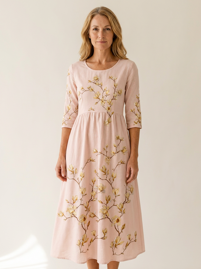 Golden Magnolia Bloom Pocket Midi Dress