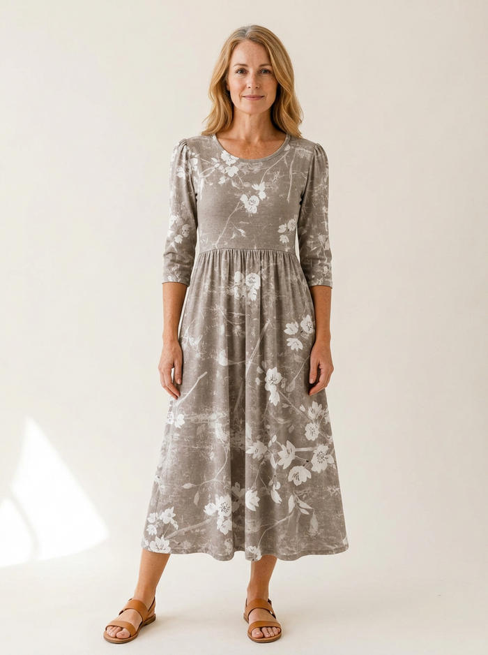 Silver Blossom Grace Pocket Midi Dress