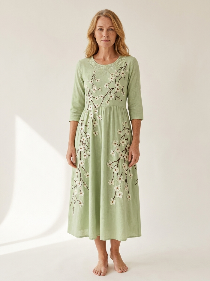 Sage Blossom Garden Pocket Midi Dress