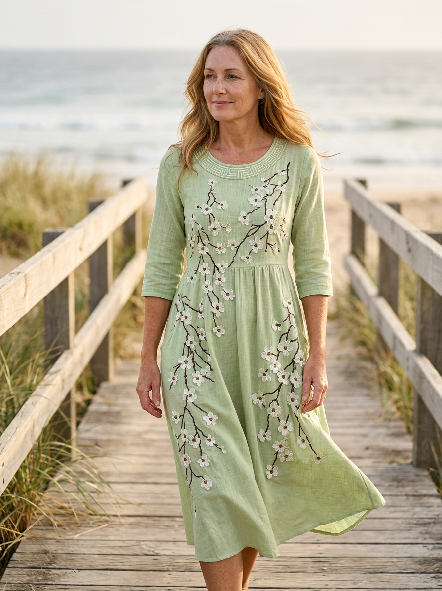 Sage Blossom Garden Pocket Midi Dress