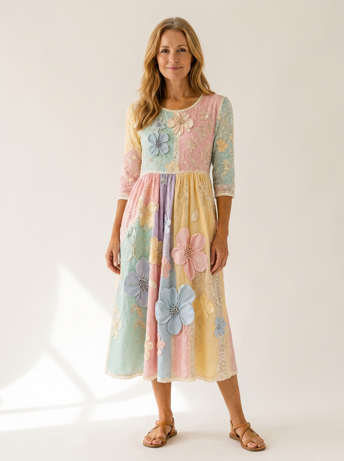 Pastel Bloom Garden Pocket Midi Dress