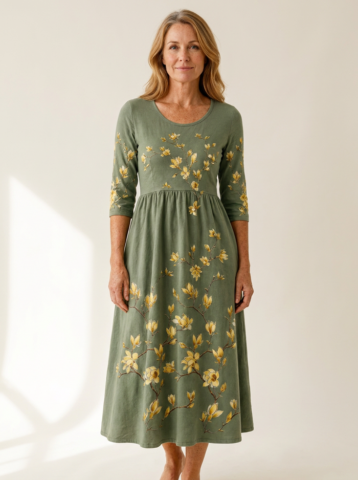 Sage Blossom Grace Pocket Midi Dress