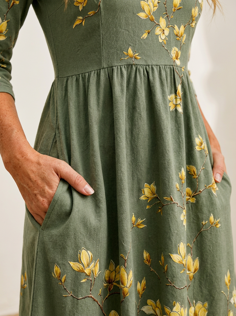 Sage Blossom Grace Pocket Midi Dress