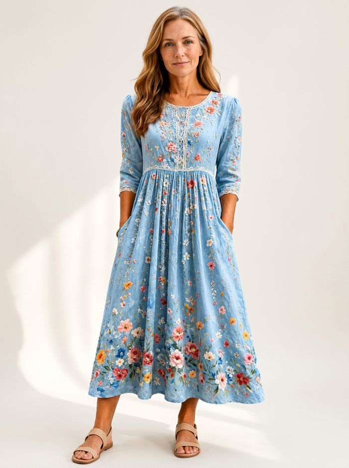 Sky Blossom Garden Midi Dress