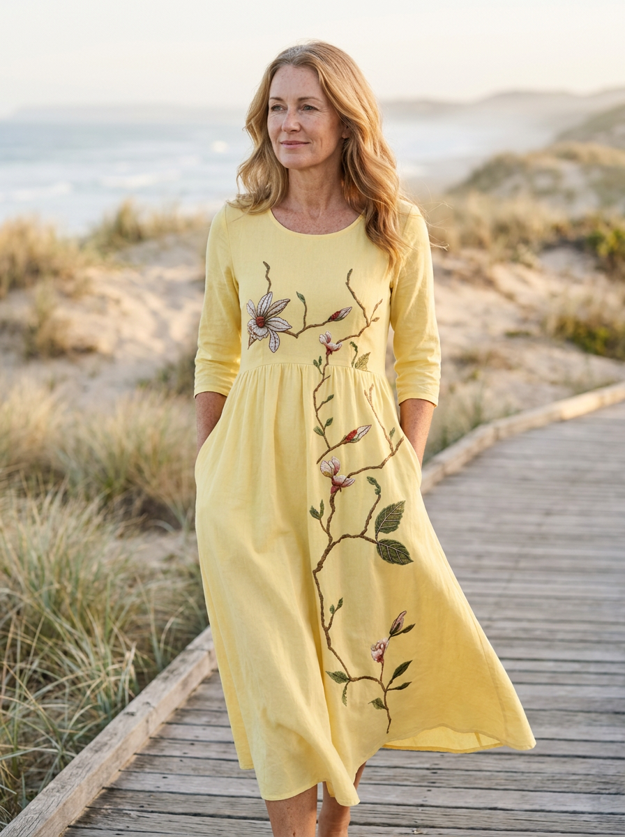 Golden Blossom Pocket Midi Dress