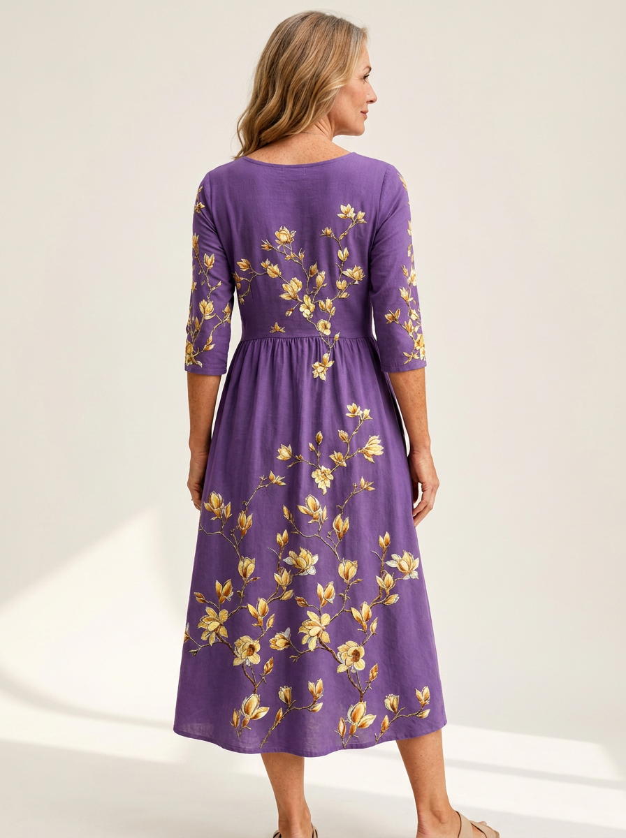 Golden Magnolia Charm Pocket Midi Dress