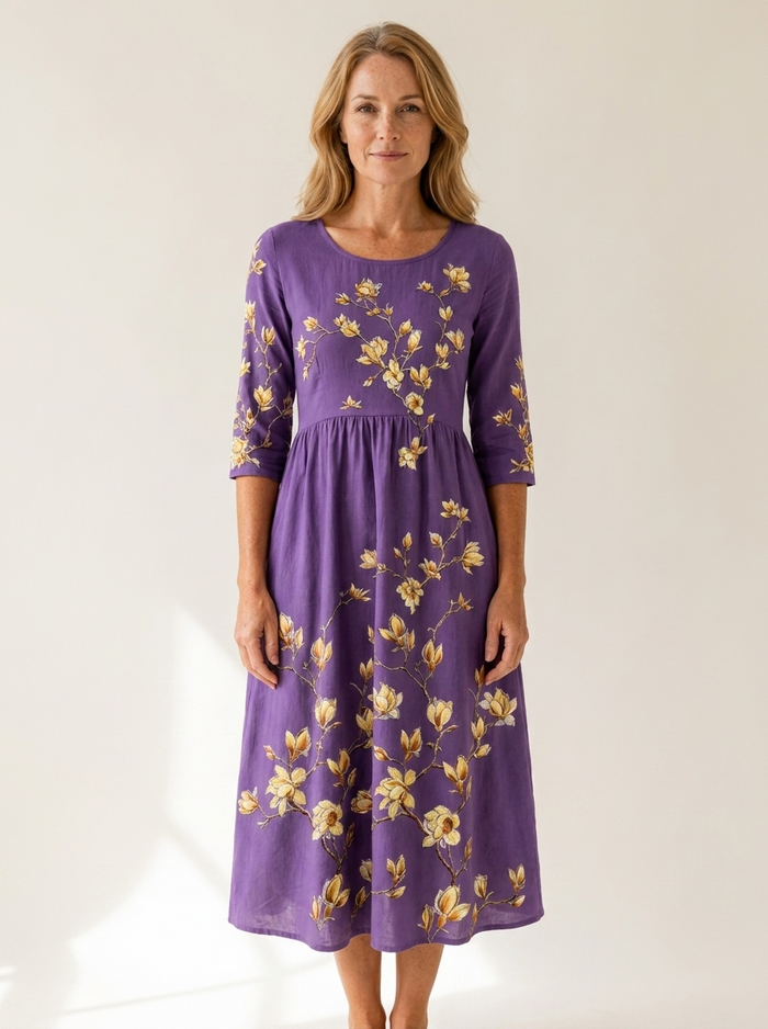 Golden Magnolia Charm Pocket Midi Dress