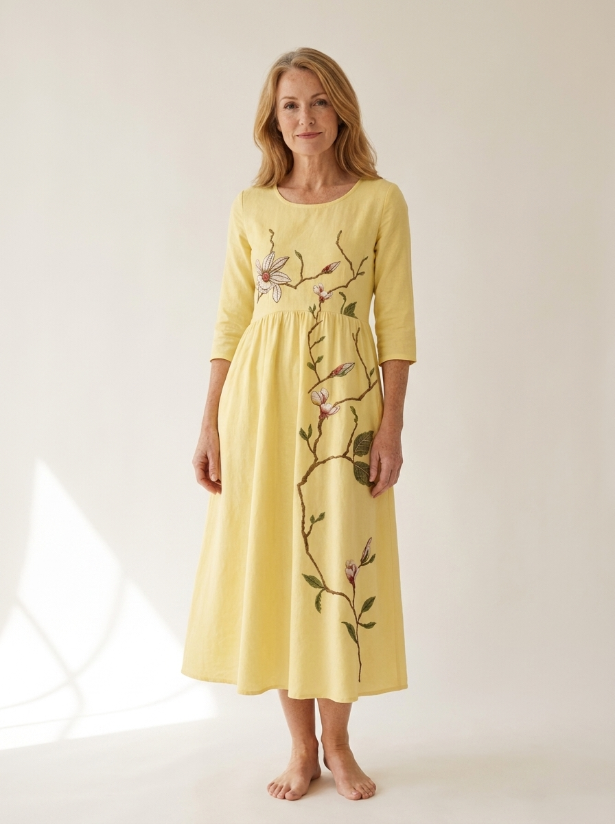 Golden Blossom Pocket Midi Dress