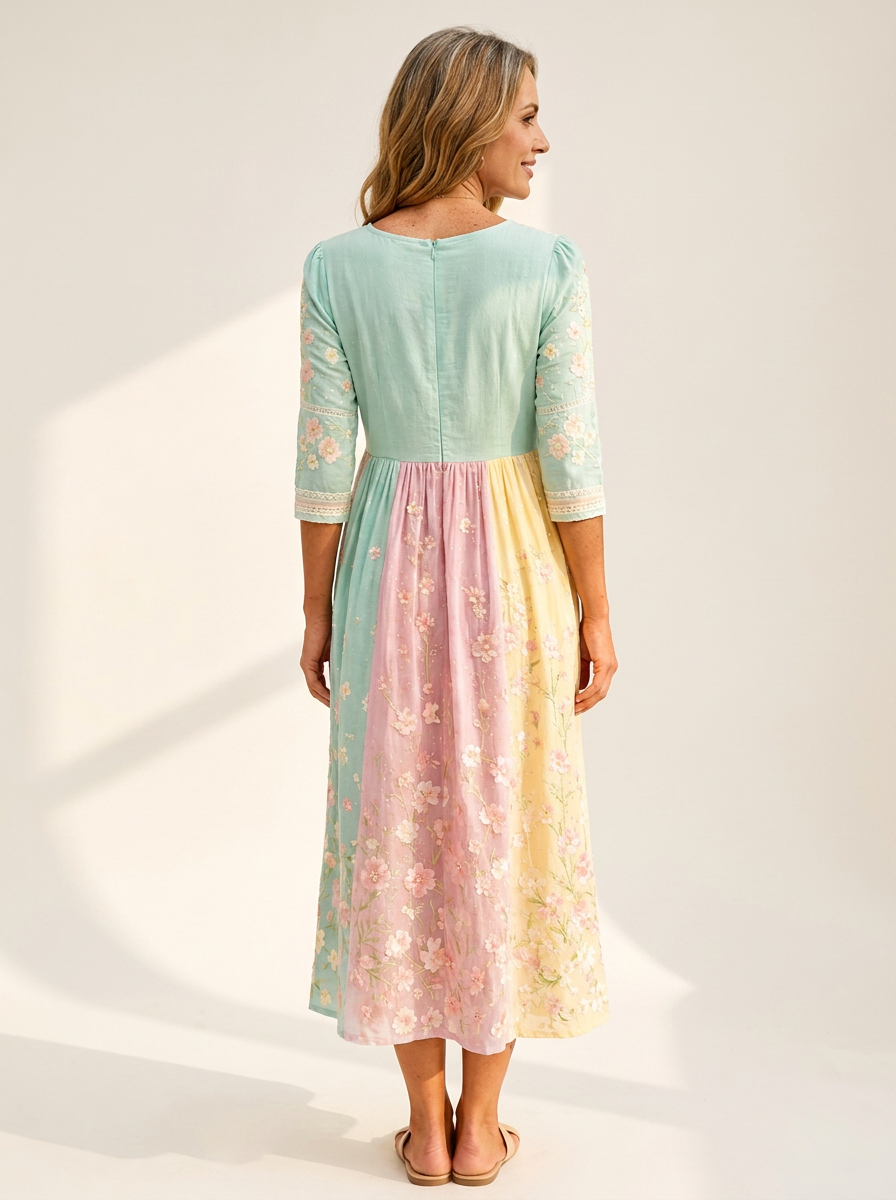 Spring Blossom Patchwork Pocket Midi Dress