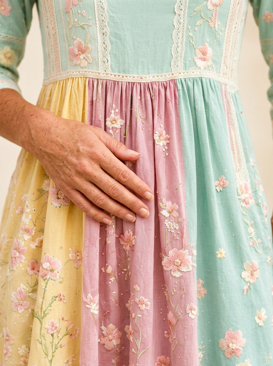 Spring Blossom Patchwork Pocket Midi Dress