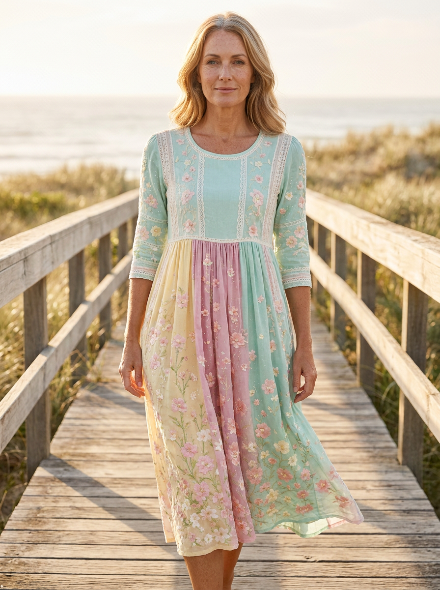 Spring Blossom Patchwork Pocket Midi Dress