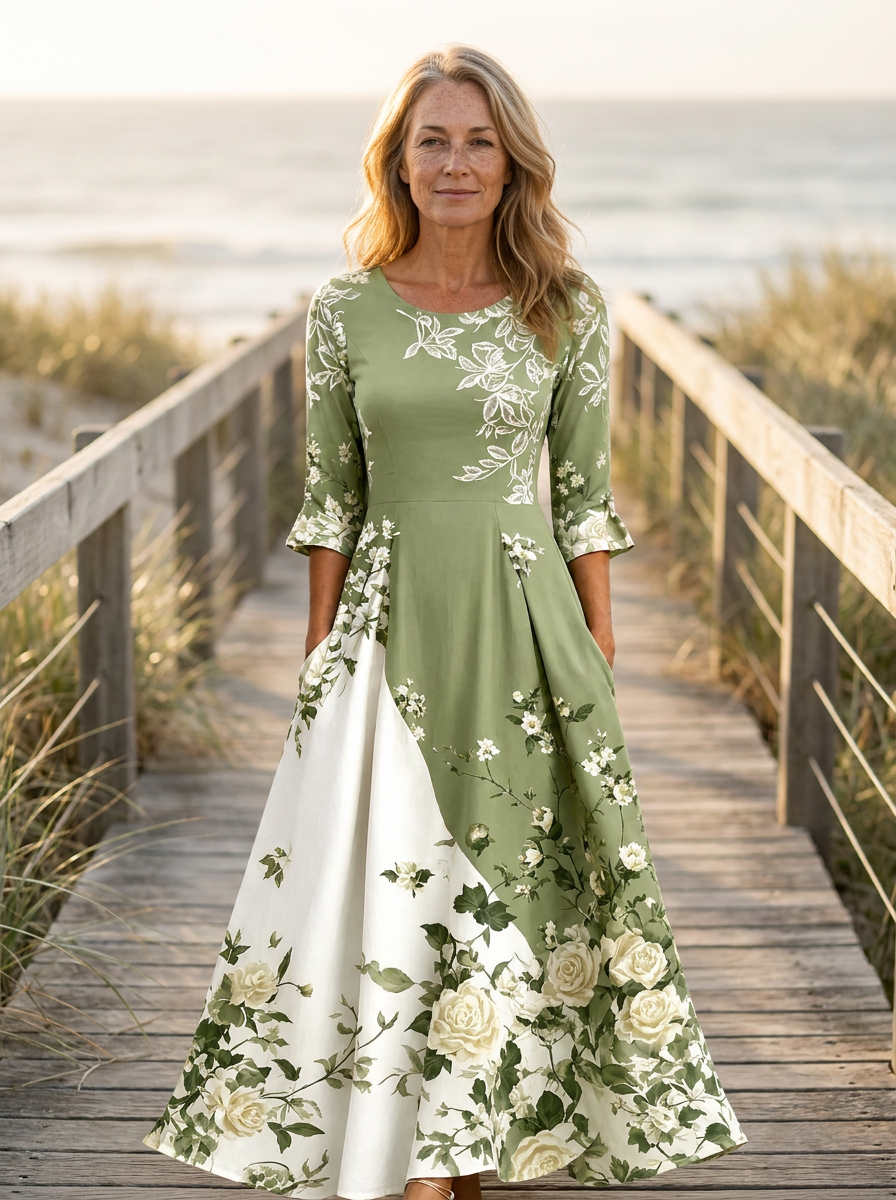 Sage Garden Rose Pocket Maxi Dress