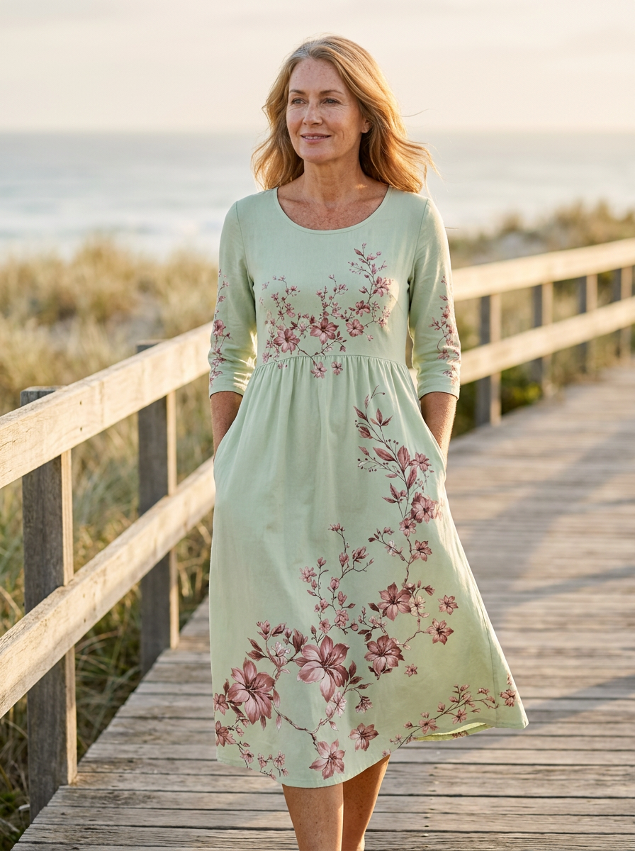 Sage Blossom Grace Pocket Midi Dress