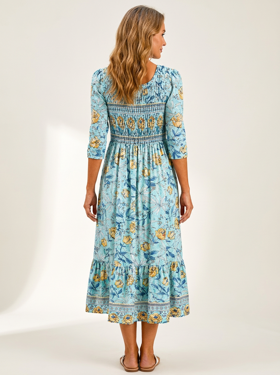 Golden Bloom Smocked Garden Midi Dress