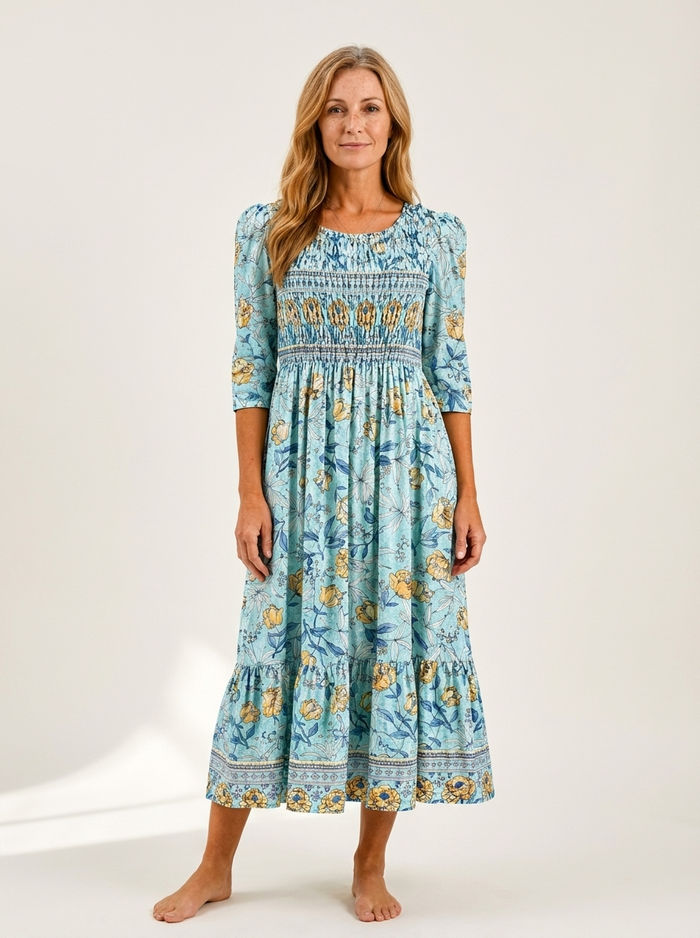 Golden Bloom Smocked Garden Midi Dress