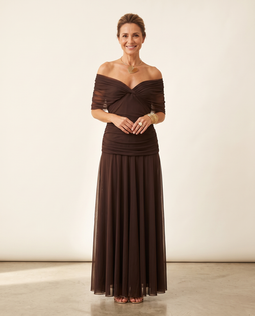Whitemore & Daughters - Amarra Maxi Dress: Off-Shoulder Twist-Front Dress with Flowy Skirt