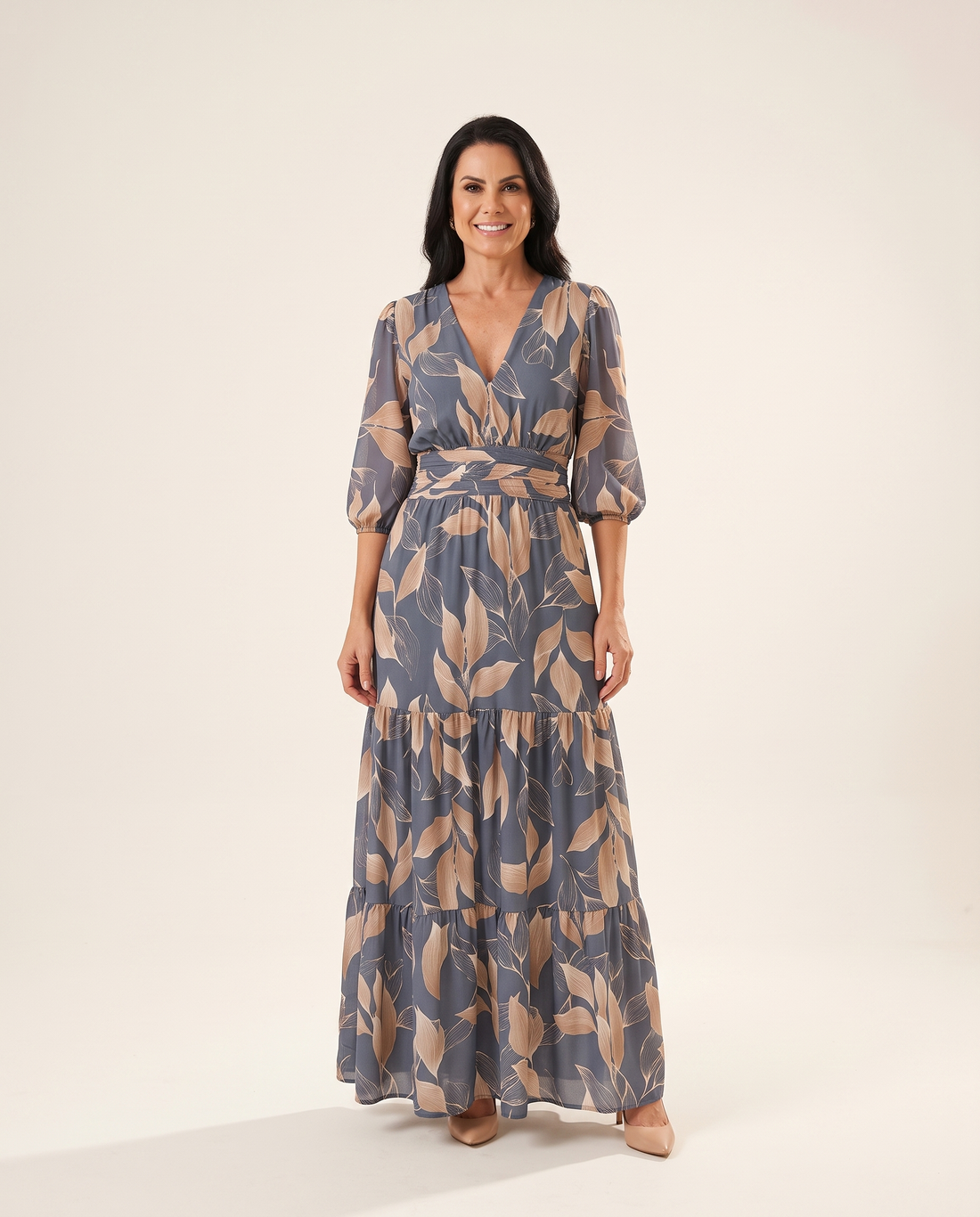 Whitemore & Daughters - Celine Maxi Dress: V-Neck Wrap Dress with Balloon Sleeves in Floral Print