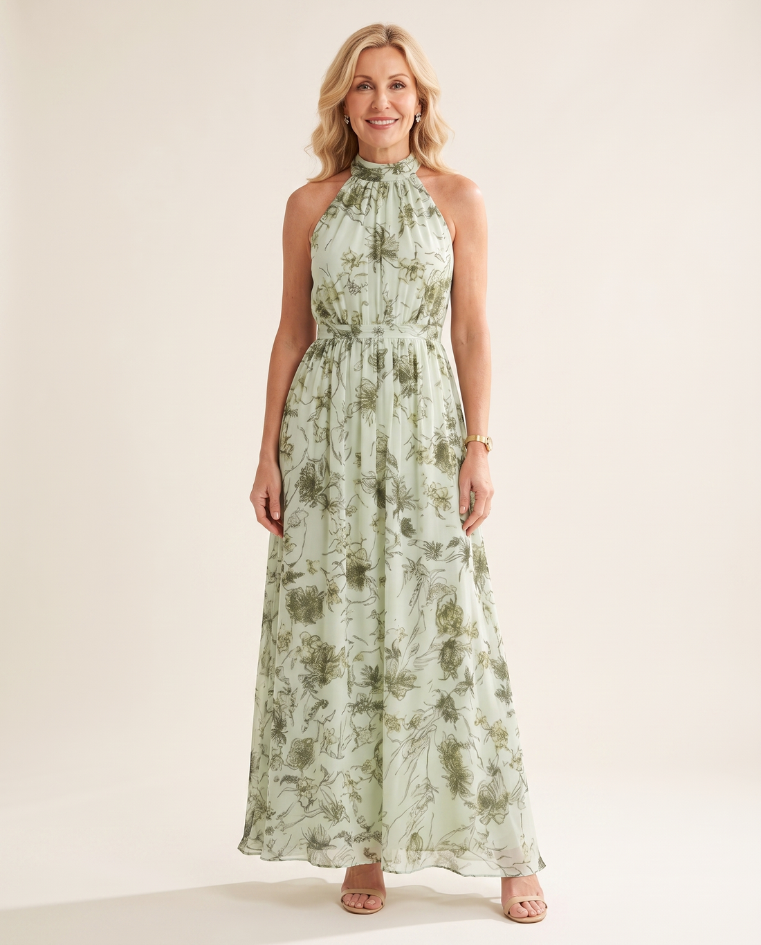 Whitemore & Daughters - Guinevere Maxi Dress: Halter-Neck Dress with Belted Waist in Floral Print