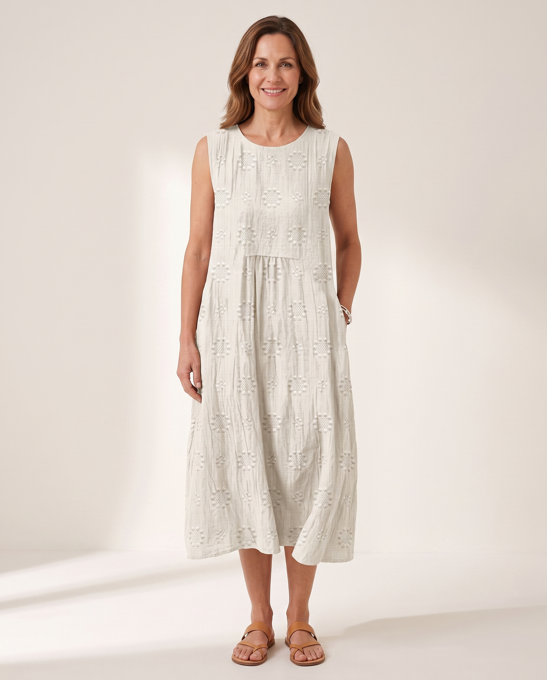 Whitemore & Daughters - Allison Midi Dress: Round-Neck Sleeveless Dress in Floral Print