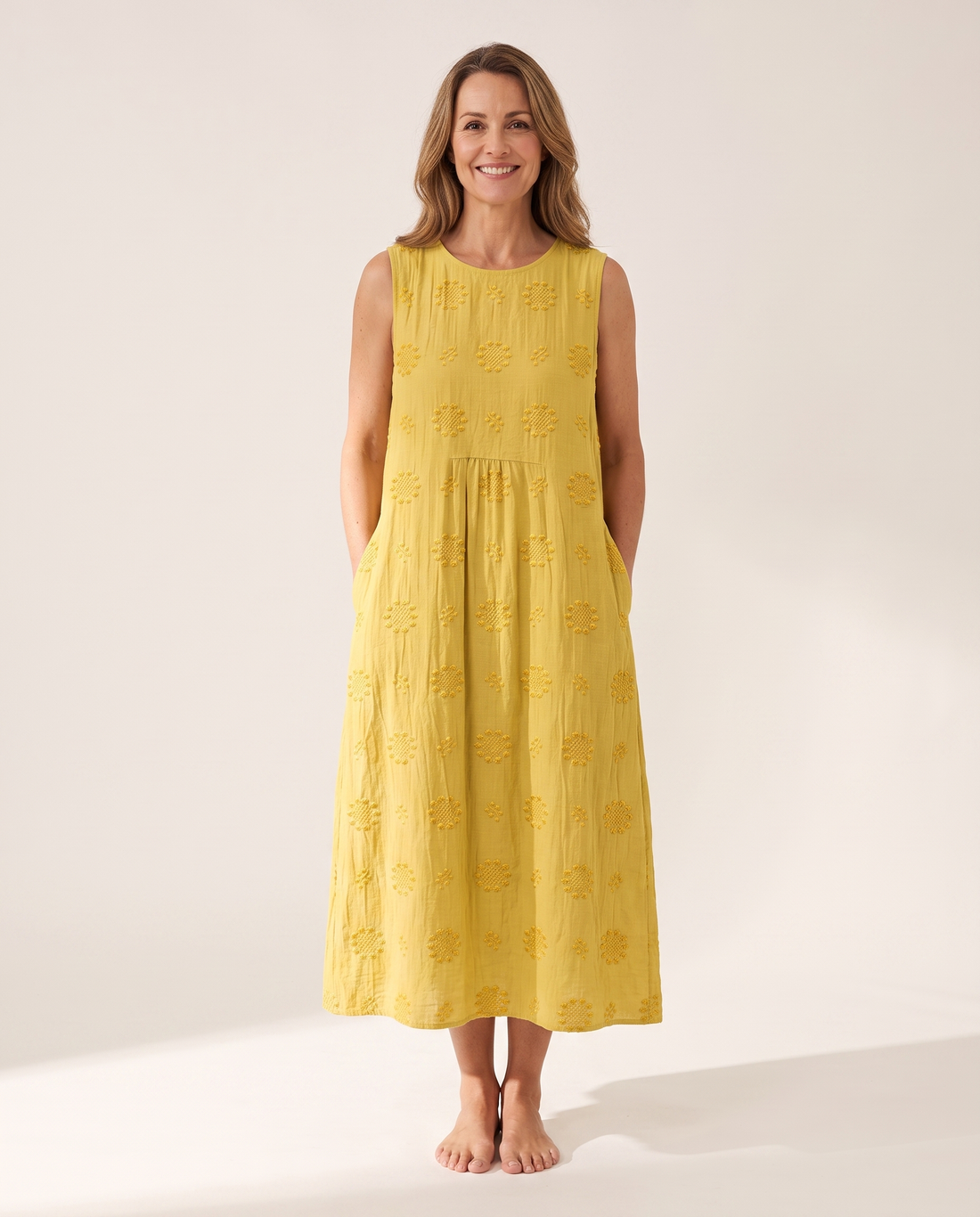 Whitemore & Daughters - Allison Midi Dress: Round-Neck Sleeveless Dress in Floral Print