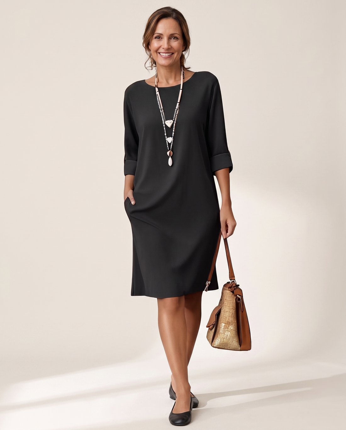 Whitemore & Daughters - Krissy Midi Dress: Round-Neck Dress with Long Sleeves and Front Slit