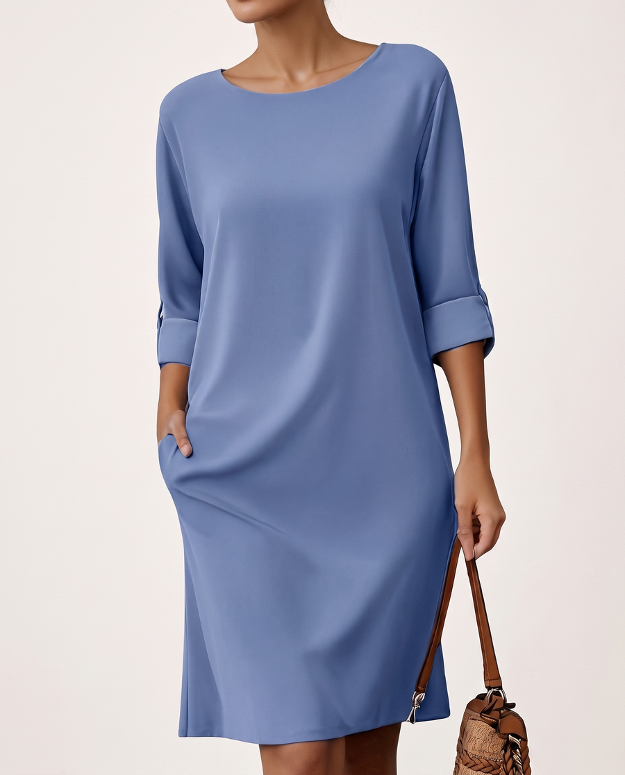 Whitemore & Daughters - Krissy Midi Dress: Round-Neck Dress with Long Sleeves and Front Slit