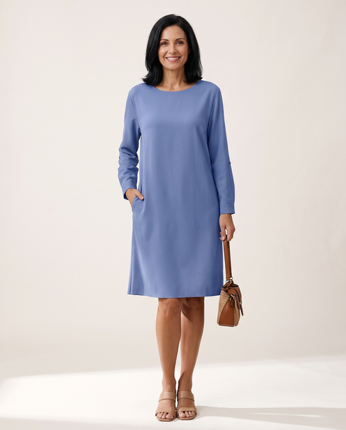 Whitemore & Daughters - Krissy Midi Dress: Round-Neck Dress with Long Sleeves and Front Slit