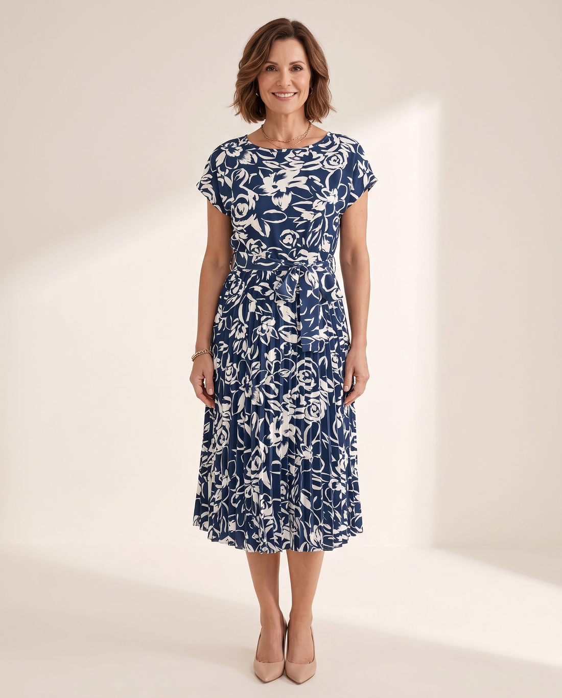 Whitemore & Daughters - Rosie Midi Dress: Round-Neck Belted Dress with Pleated Skirt in Floral Print