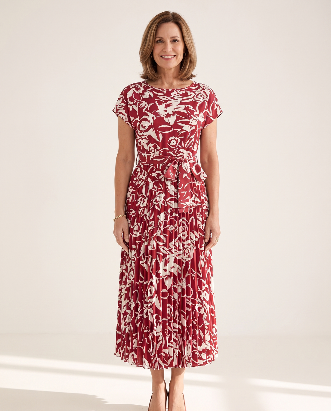 Whitemore & Daughters - Rosie Midi Dress: Round-Neck Belted Dress with Pleated Skirt in Floral Print