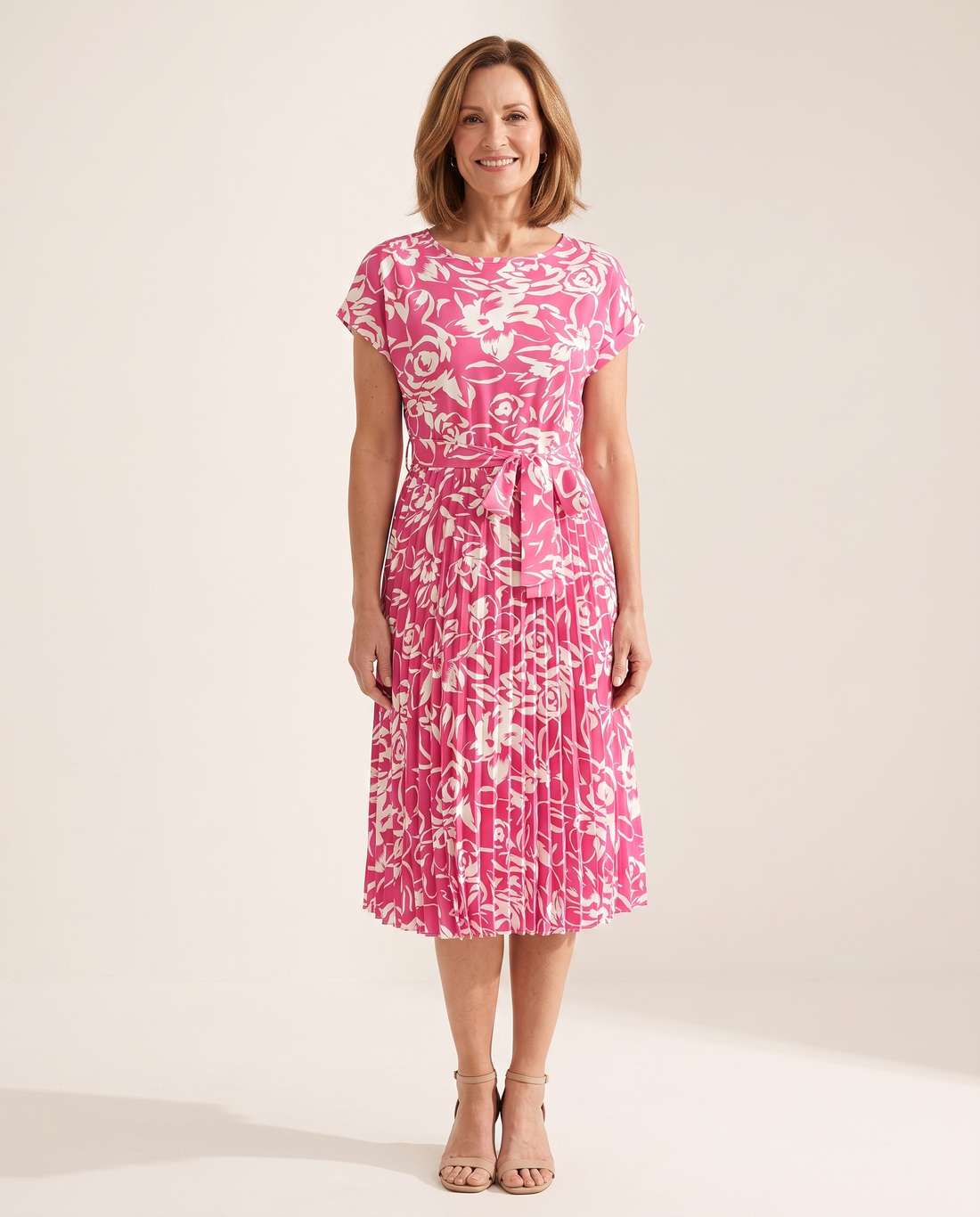 Whitemore & Daughters - Rosie Midi Dress: Round-Neck Belted Dress with Pleated Skirt in Floral Print