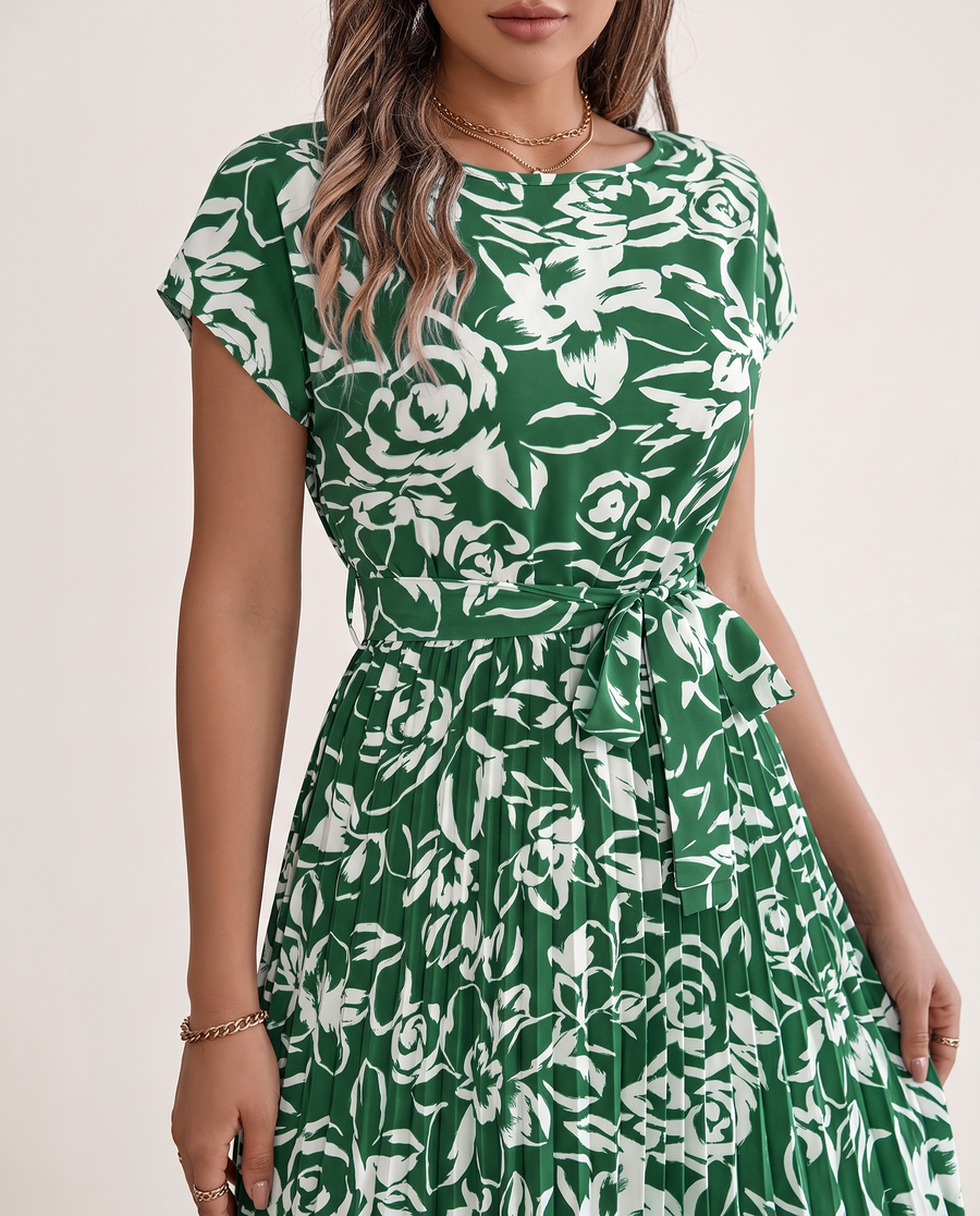 Whitemore & Daughters - Rosie Midi Dress: Round-Neck Belted Dress with Pleated Skirt in Floral Print