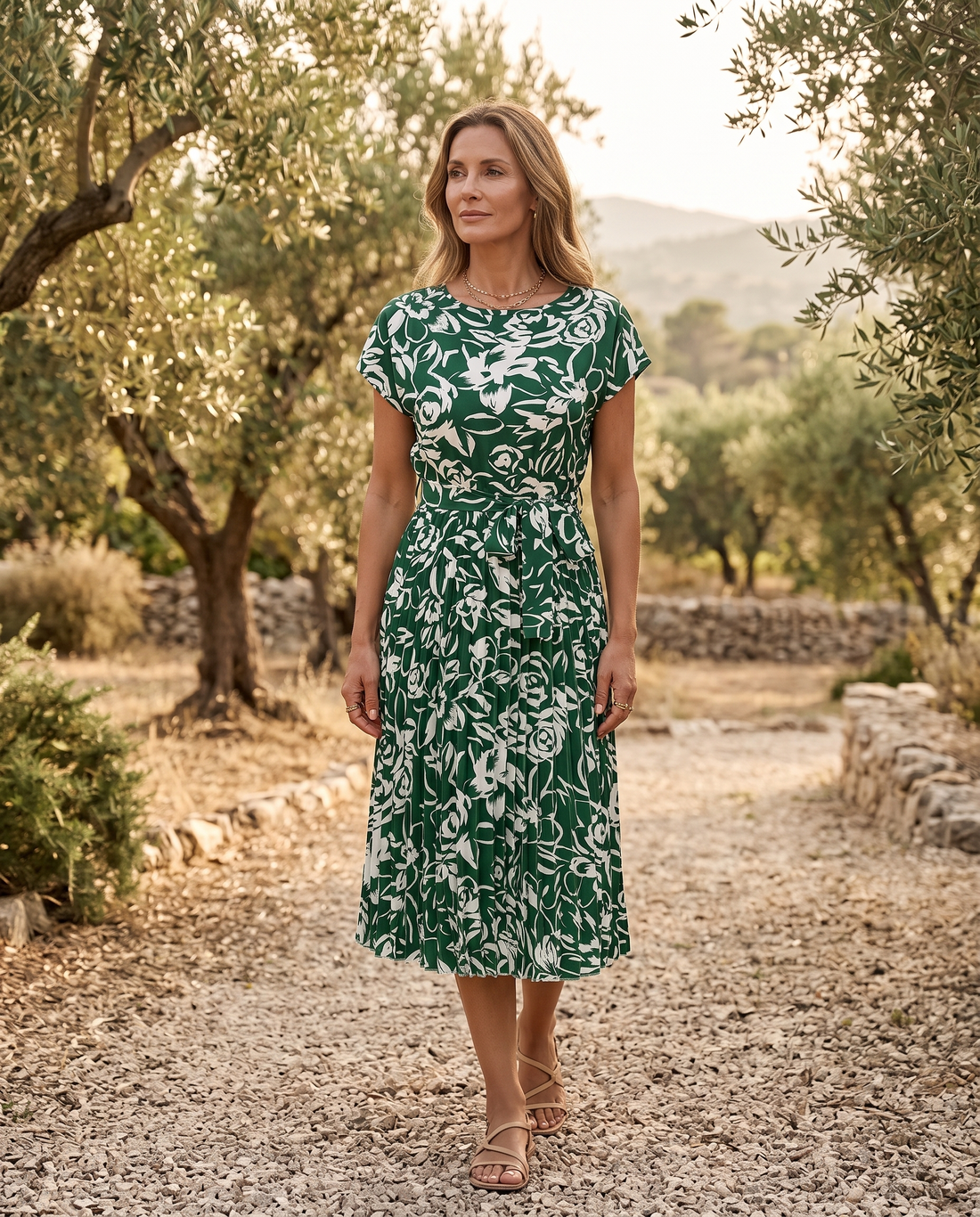 Whitemore & Daughters - Rosie Midi Dress: Round-Neck Belted Dress with Pleated Skirt in Floral Print