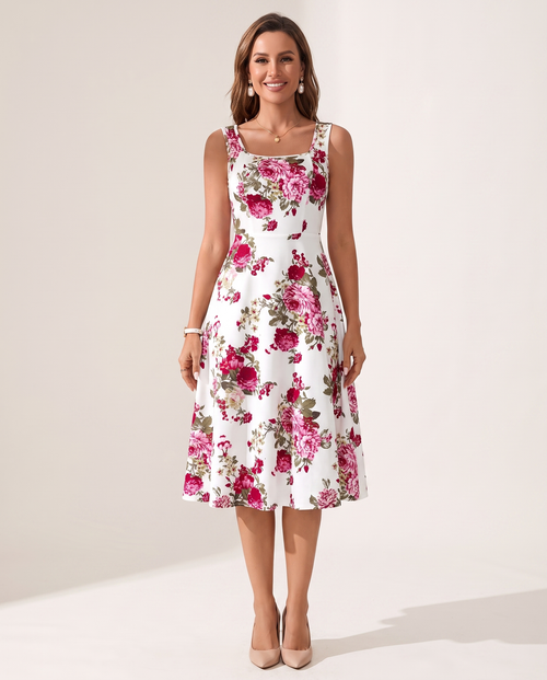 Whitemore & Daughters - Natalie Midi Dress: Square-Neck Sleeveless Dress in Floral Print