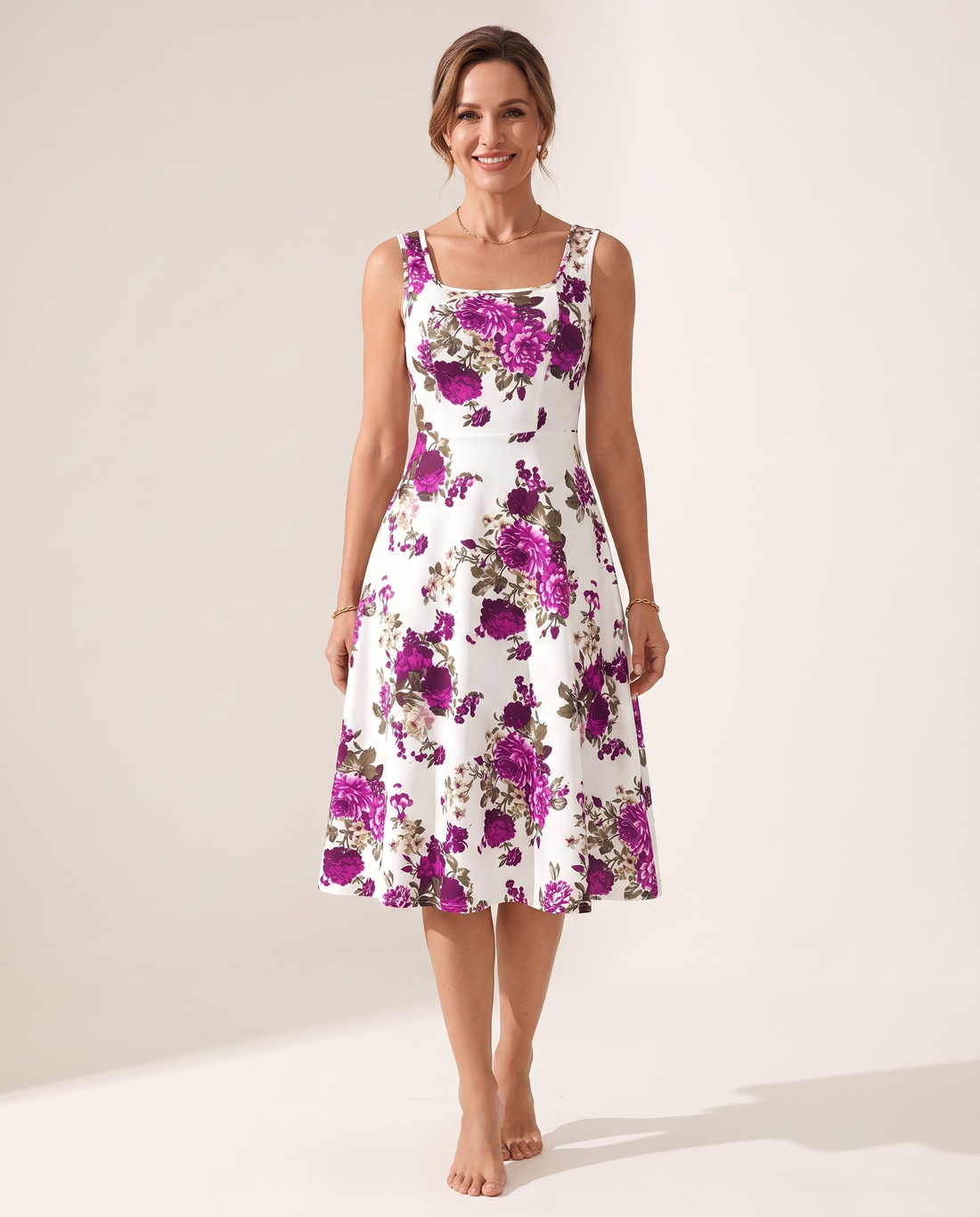 Whitemore & Daughters - Natalie Midi Dress: Square-Neck Sleeveless Dress in Floral Print