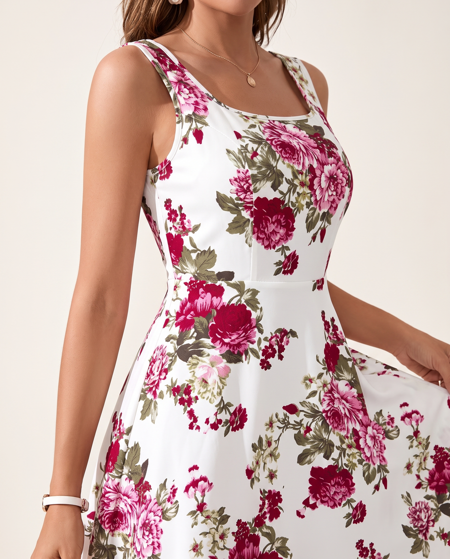 Whitemore & Daughters - Natalie Midi Dress: Square-Neck Sleeveless Dress in Floral Print