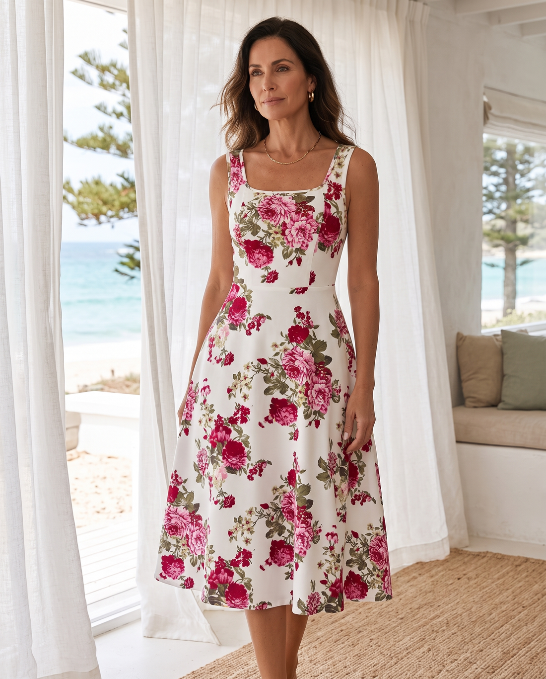 Whitemore & Daughters - Natalie Midi Dress: Square-Neck Sleeveless Dress in Floral Print