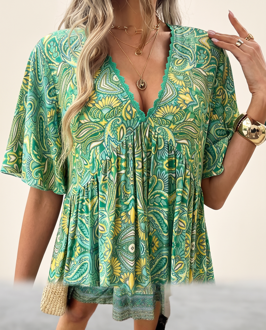 Whitemore & Daughters - Macey Mini Dress: V-Neck Tiered Dress with Flutter Sleeves in Paisley Print