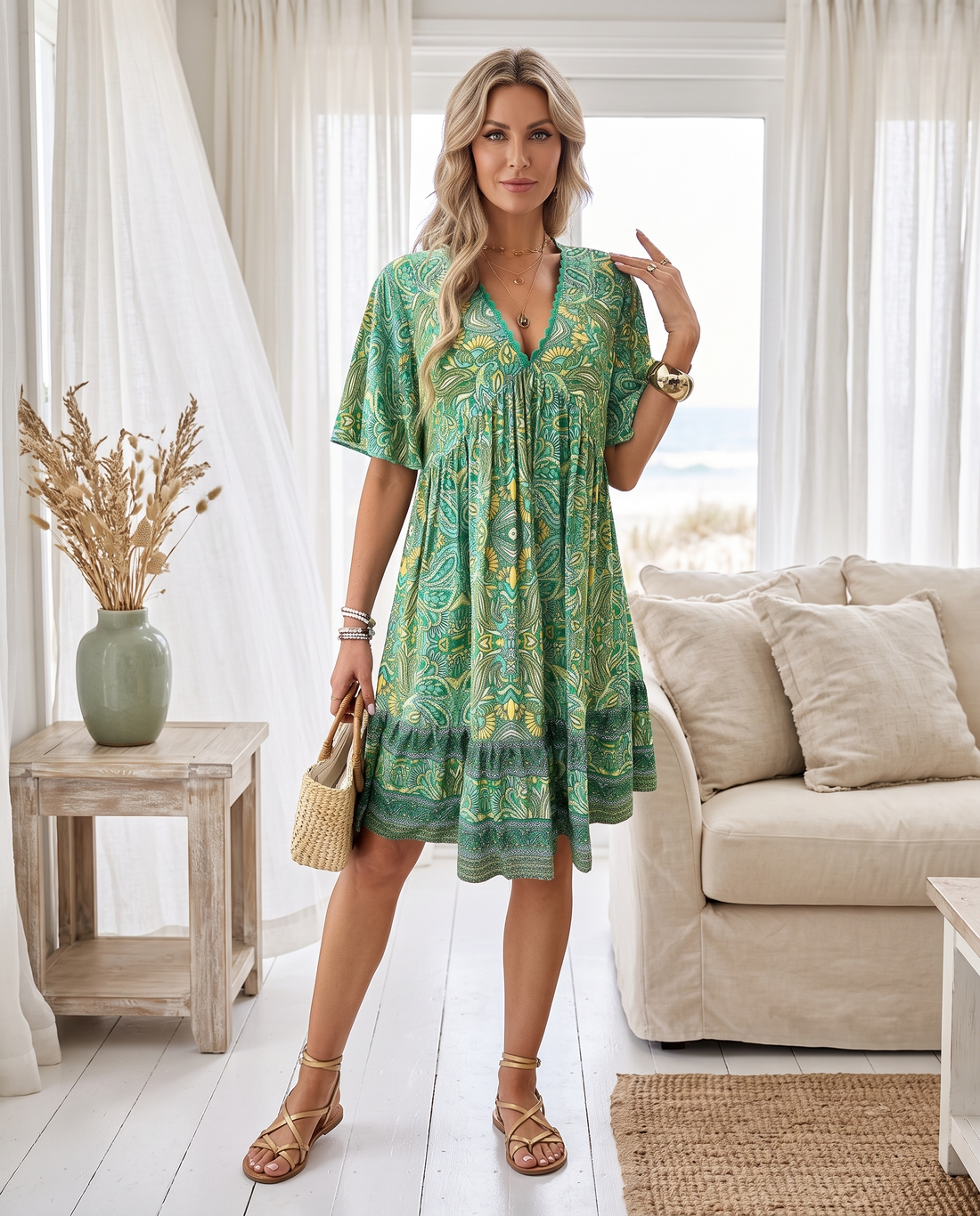 Whitemore & Daughters - Macey Mini Dress: V-Neck Tiered Dress with Flutter Sleeves in Paisley Print