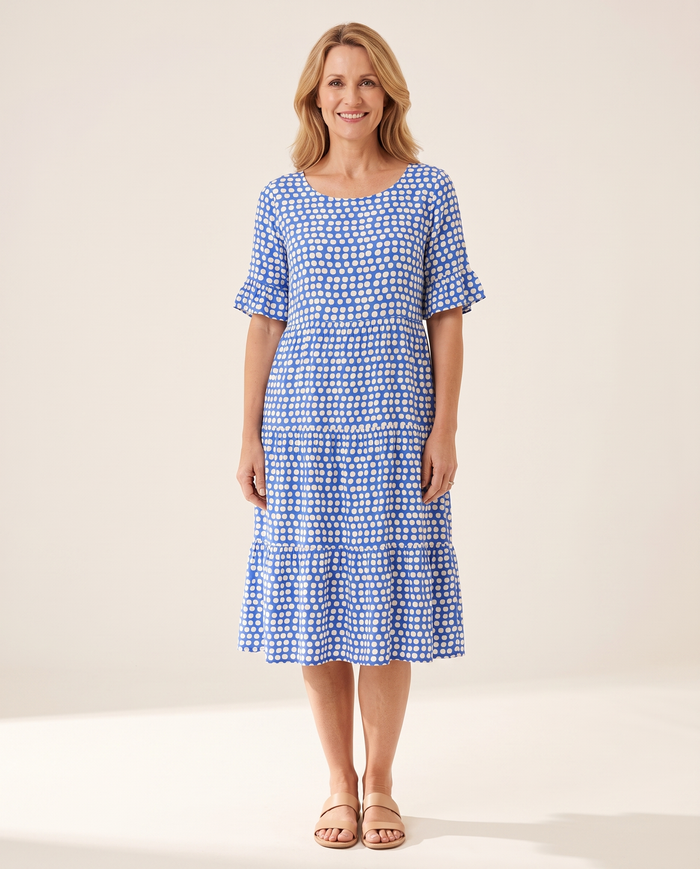 Whitemore & Daughters - Beckah Midi Dress: Round-Neck Tiered Dress with Flutter Sleeves in Polka Dot Print