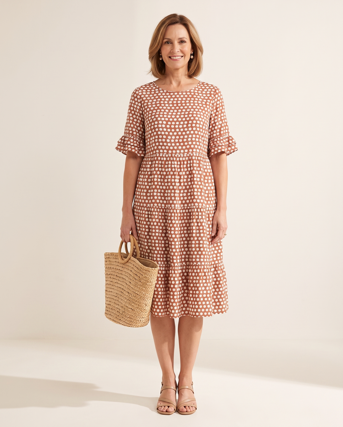 Whitemore & Daughters - Beckah Midi Dress: Round-Neck Tiered Dress with Flutter Sleeves in Polka Dot Print