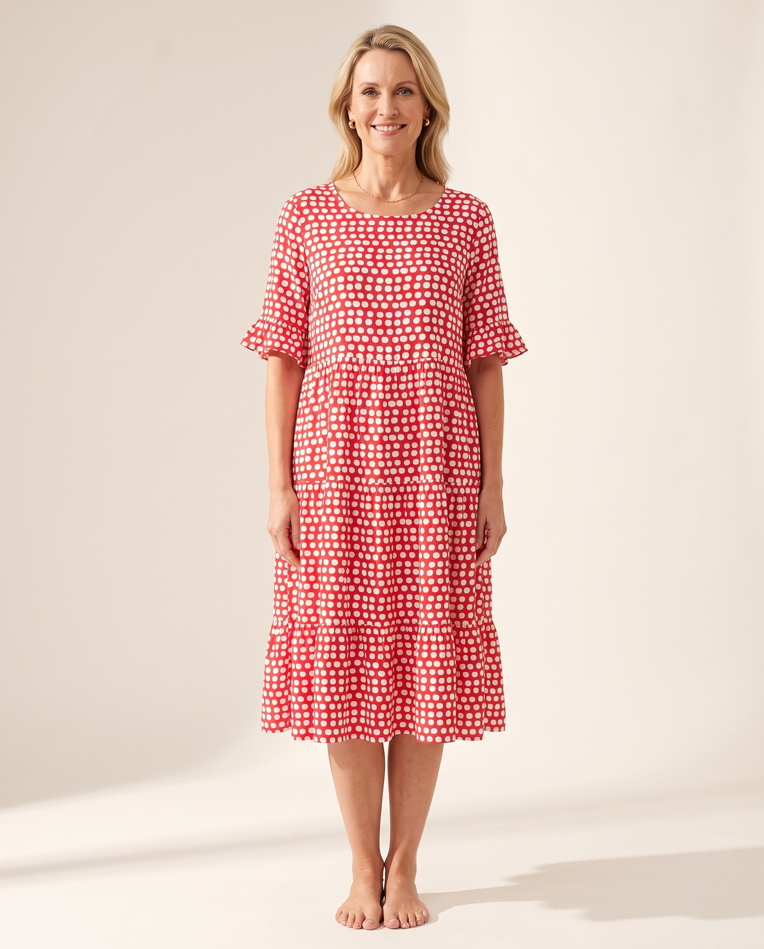 Whitemore & Daughters - Beckah Midi Dress: Round-Neck Tiered Dress with Flutter Sleeves in Polka Dot Print