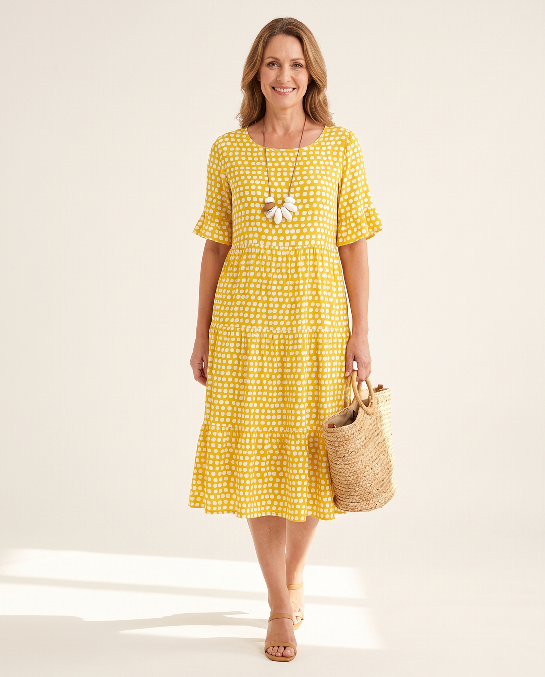 Whitemore & Daughters - Beckah Midi Dress: Round-Neck Tiered Dress with Flutter Sleeves in Polka Dot Print