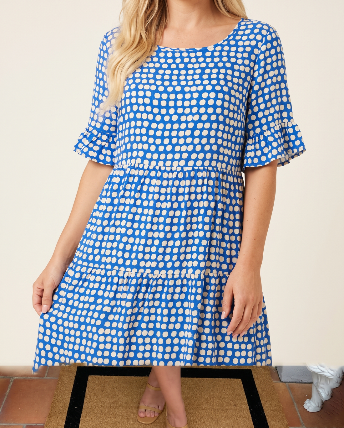Whitemore & Daughters - Beckah Midi Dress: Round-Neck Tiered Dress with Flutter Sleeves in Polka Dot Print