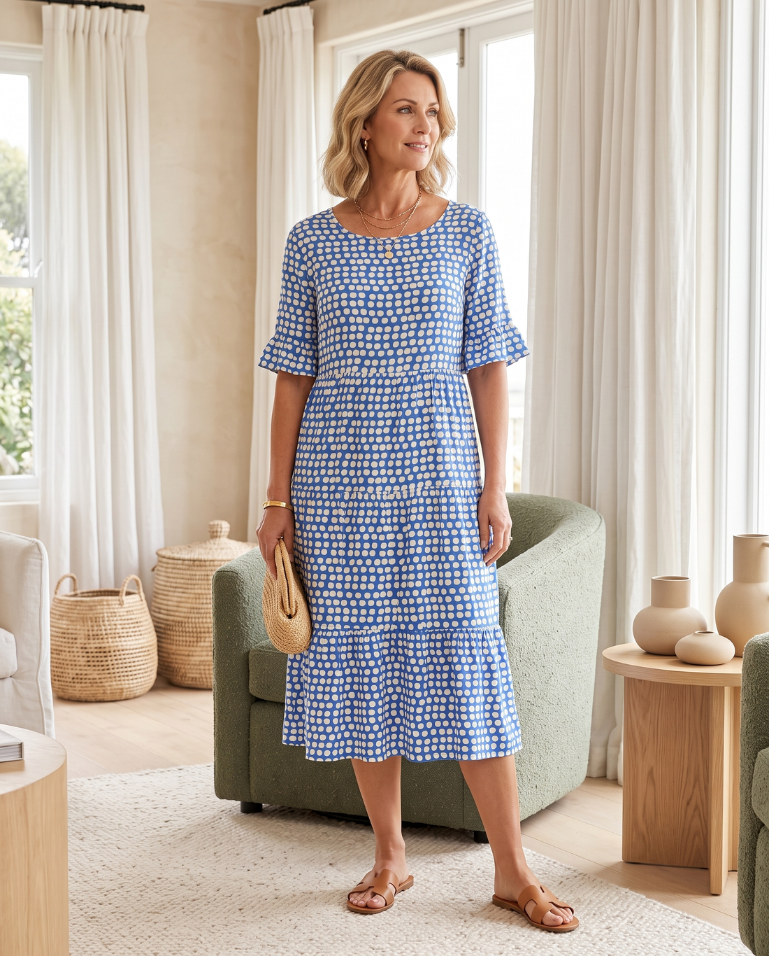 Whitemore & Daughters - Beckah Midi Dress: Round-Neck Tiered Dress with Flutter Sleeves in Polka Dot Print