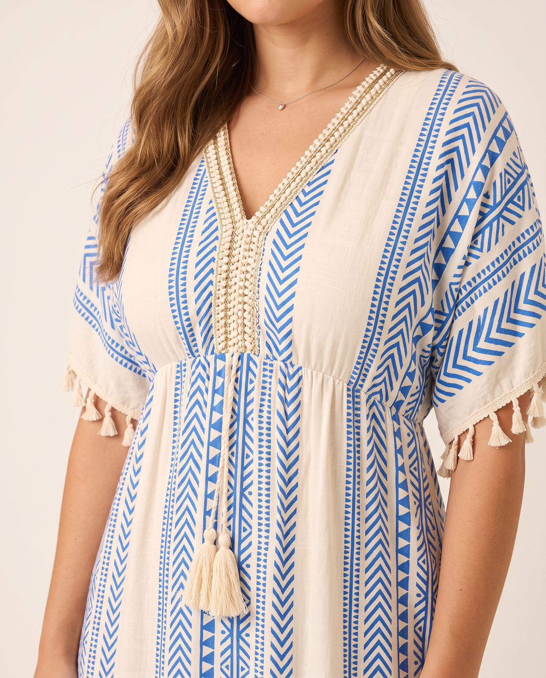 Whitemore & Daughters - Jolina Mini Dress: V-Neck Tiered Dress with Tassel Detail in Abstract Print
