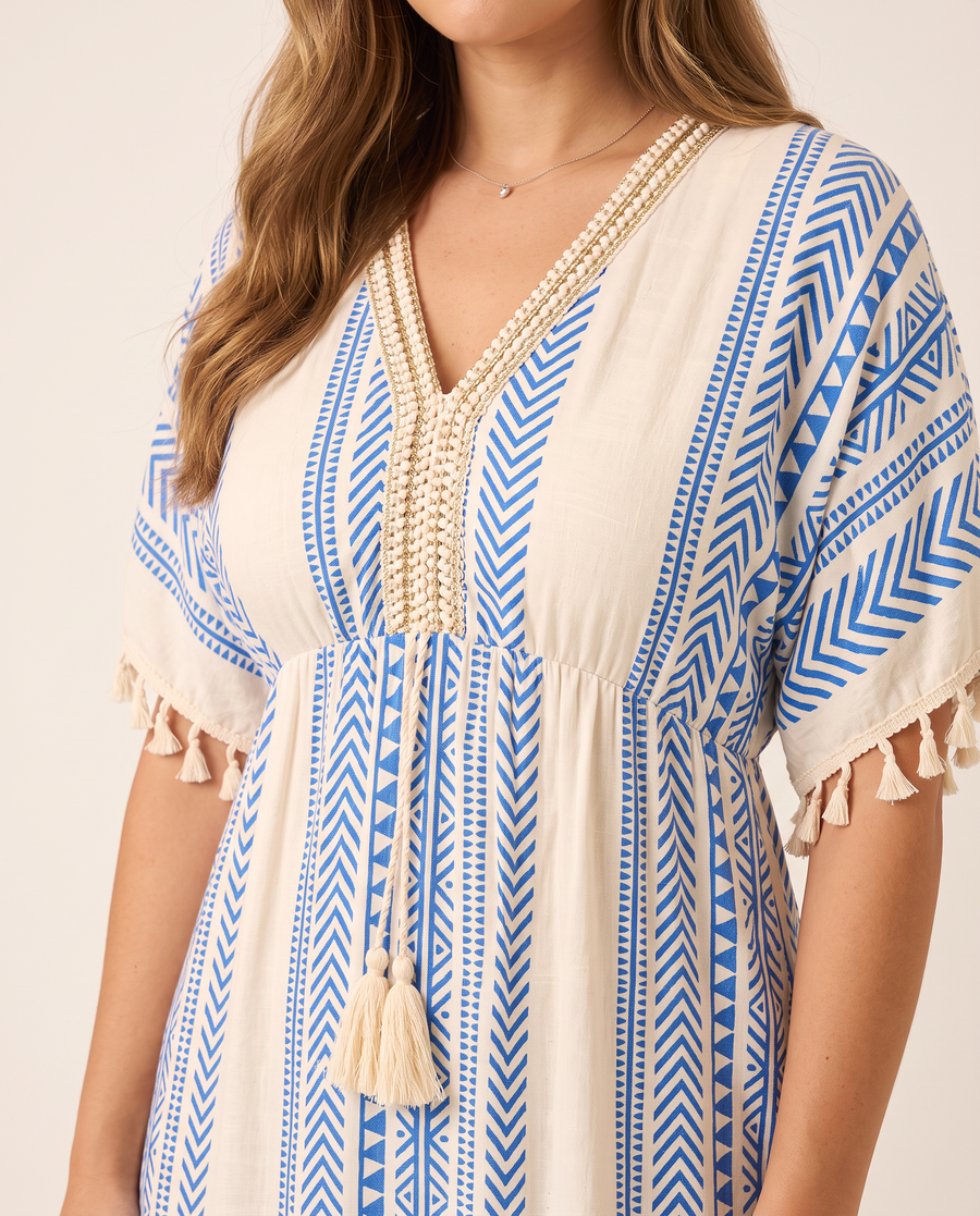 Whitemore & Daughters - Jolina Mini Dress: V-Neck Tiered Dress with Tassel Detail in Abstract Print
