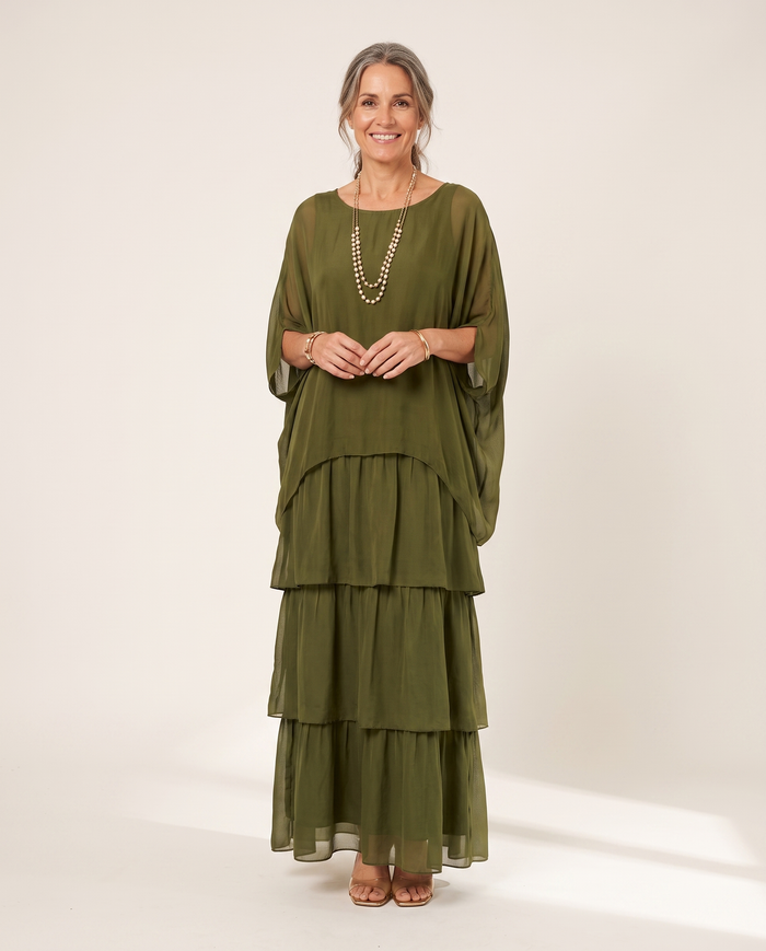 Whitemore & Daughters - Hylda Maxi Dress: Round-Neck Tiered Dress with Kimono Sleeves